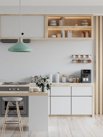 Modern white kitchen interior with furniture,kitchen interior with white wall.3D rendering
